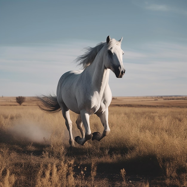 A white horse is running through a field with the sky in the background.