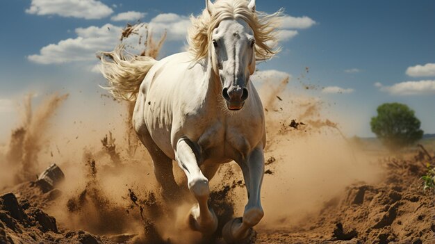 A white horse jumping over the soil with blur background