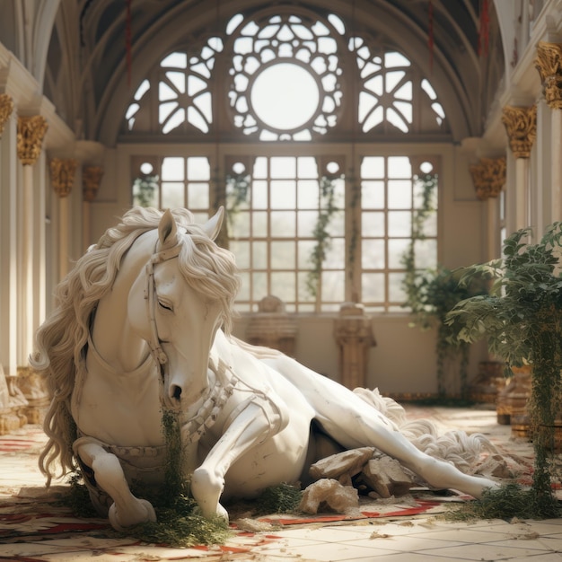 a white horse laying on the floor in a large room