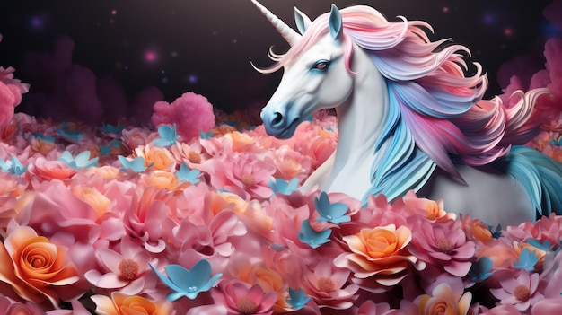 Фото Белый конь на цветочном фоне