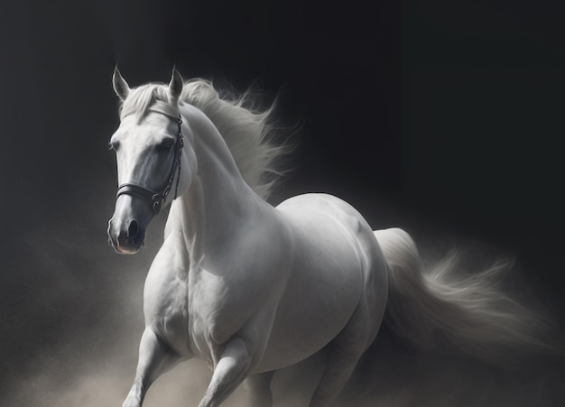 暗い背景に白い馬がほこりの中で前方に走る