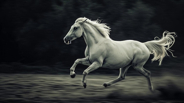 Белая лошадь бежит вперед Картина, представляющая галопирующего белого коня AI Generative