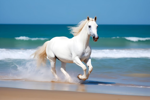 White horse running on the beach wallpapers and images wallpapers