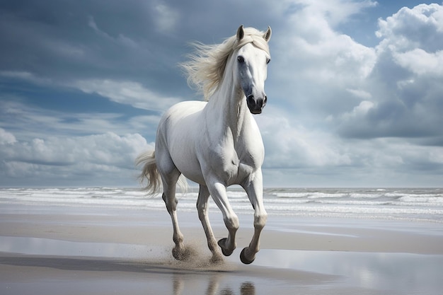 Premium Photo | White horse running on the beach