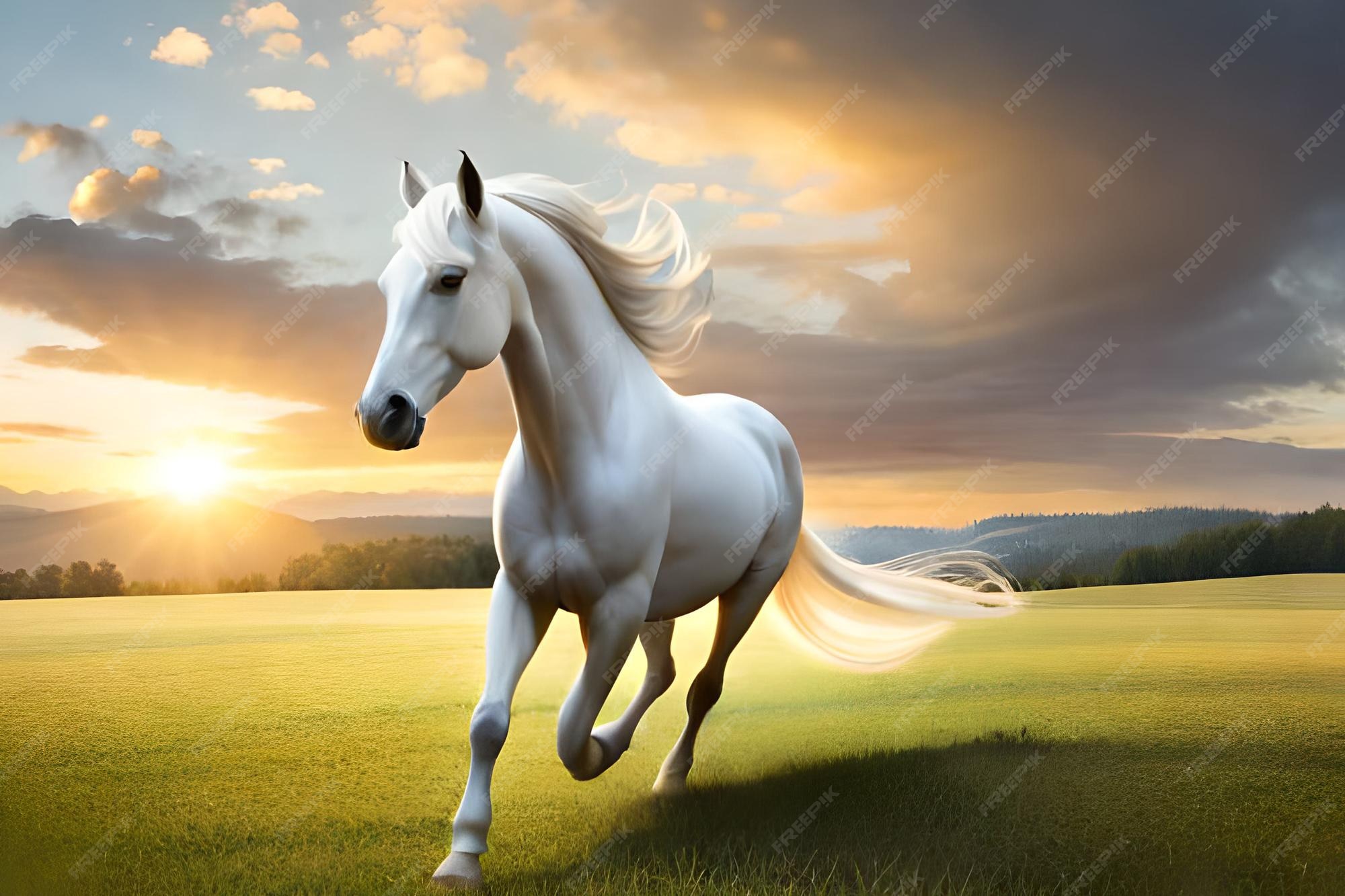 Premium Photo White horse running in a field