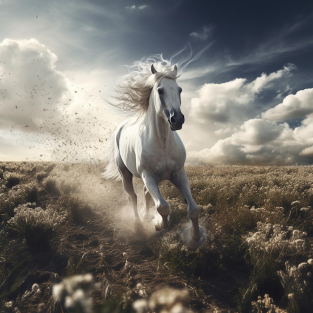 Photo white horse running on the fields