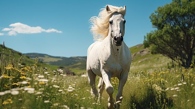 広い芝生の上を走る白い馬