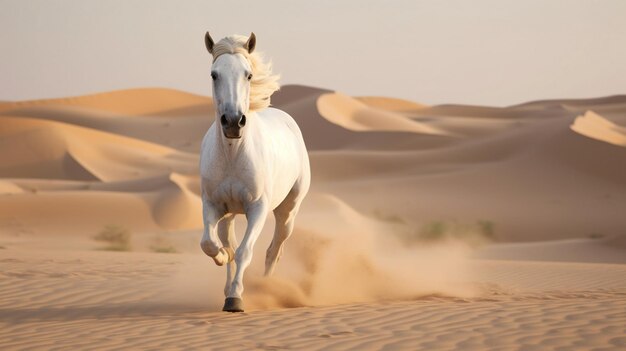 A white horse runs in the desert