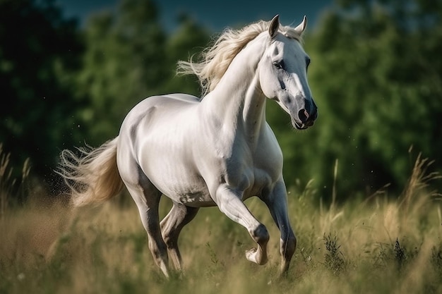 Foto un cavallo bianco attraversa un campo.