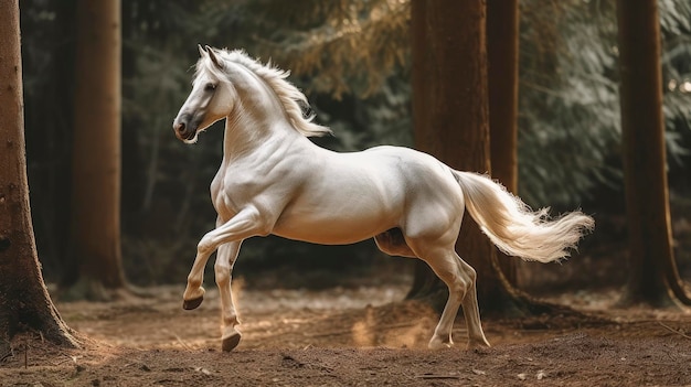 A white horse runs through a forest.