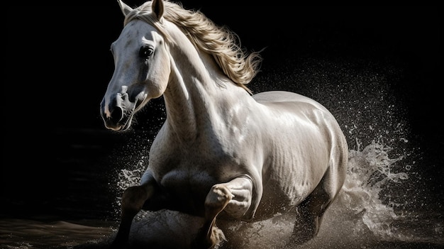 A white horse runs through the water