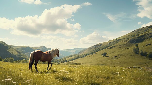 写真 白い馬が静かな湖のそばに立っており背景には茂った緑と村の家がある