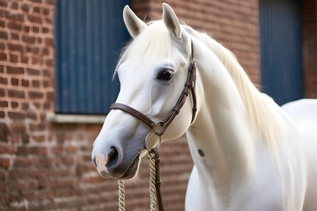 Photo a white horse standing in front of a brick building generative ai