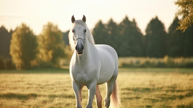 Foto cavallo bianco in piedi in cima a un campo verde lussureggiante ideale per progetti sulla natura e sugli animali