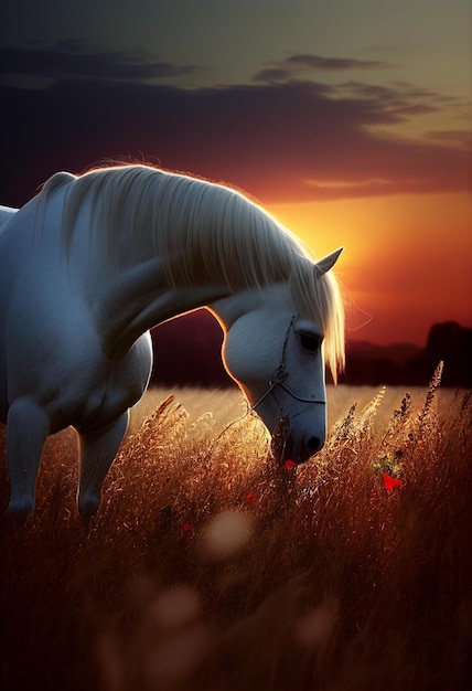 Белая лошадь стоит в пастбище на закате ИИ