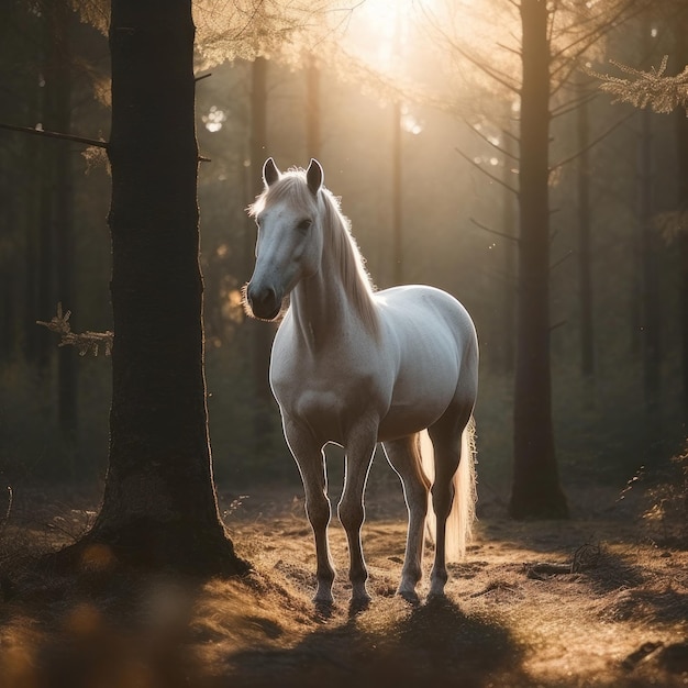 A white horse stands in the woods with the sun behind it.