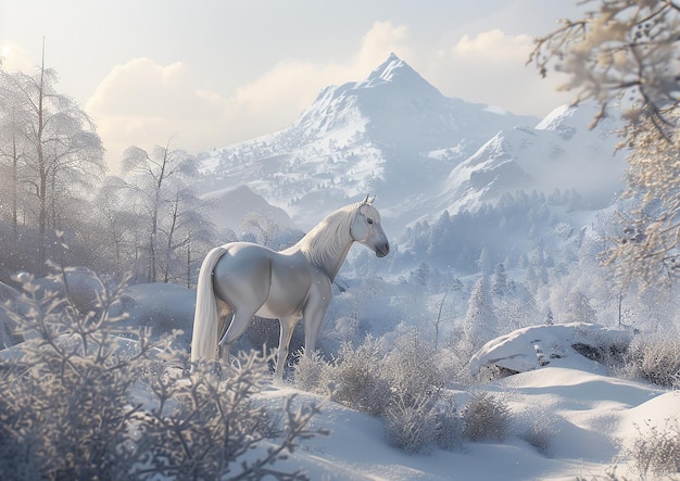 White Horse Winter Snow Naturalistic Beautiful