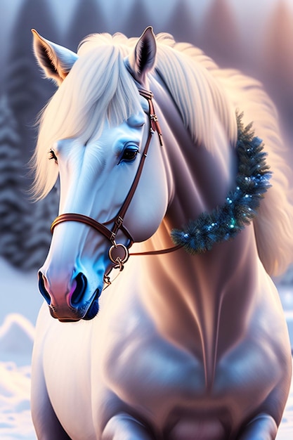 A white horse with a blue ribbon on its head