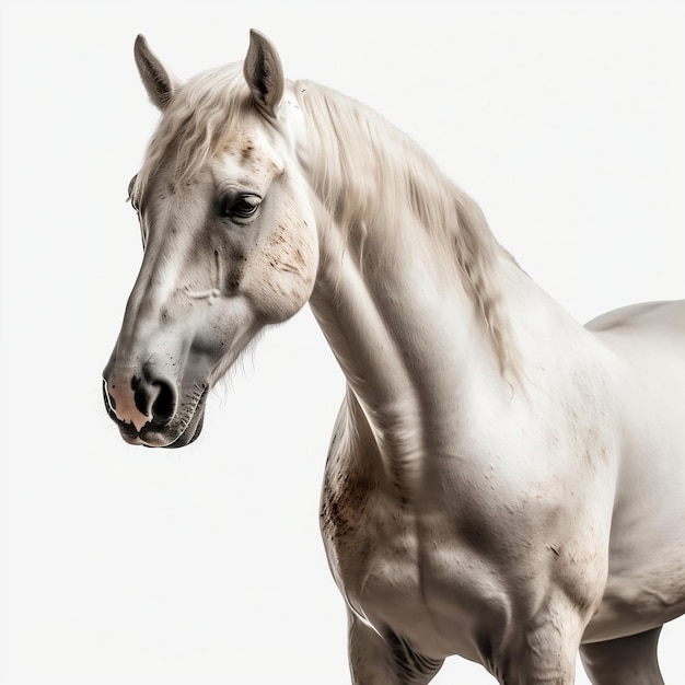 白い背景で隔離された鼻に茶色の斑点を持つ白い馬