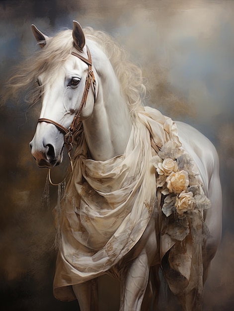 花の冠と頭に花をつけた白い馬。