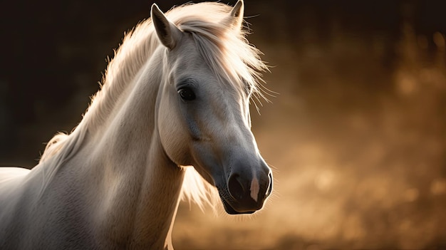 Белая лошадь со светло-коричневой гривой стоит на закате.