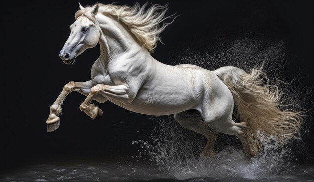 Foto cavallo bianco con lunga criniera galoppante nella polvere immagine fantastica