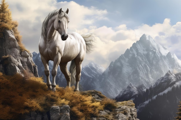 White horse with long mane in the mountains