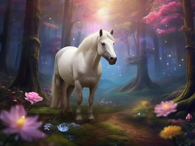 A white horse with a long mane standing in a forest ai art