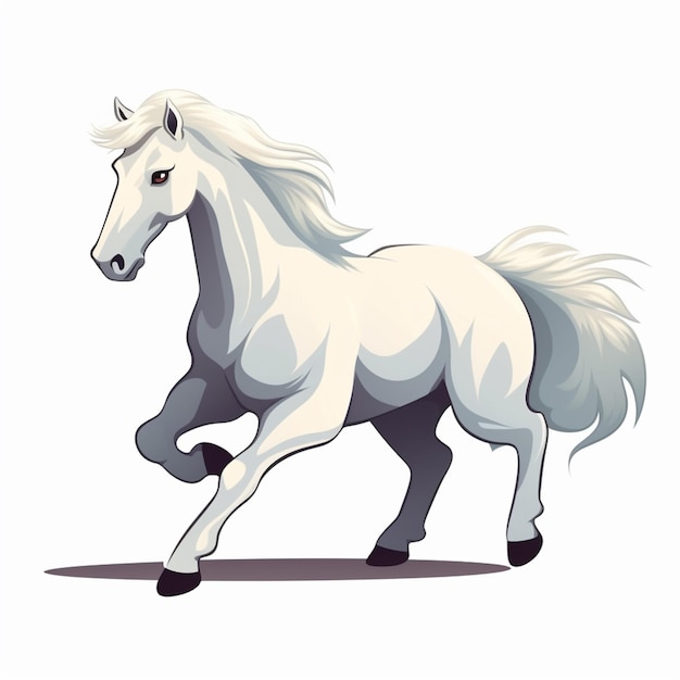 Белая лошадь с длинной гривой и белым хвостом.