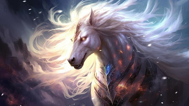 a white horse with a long mane