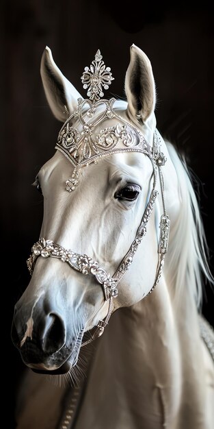 Foto un cavallo bianco con una corona d'argento sulla testa