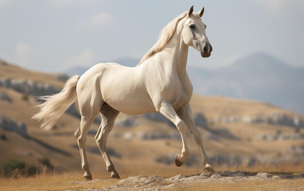 a white horse with a white mane running in the grass