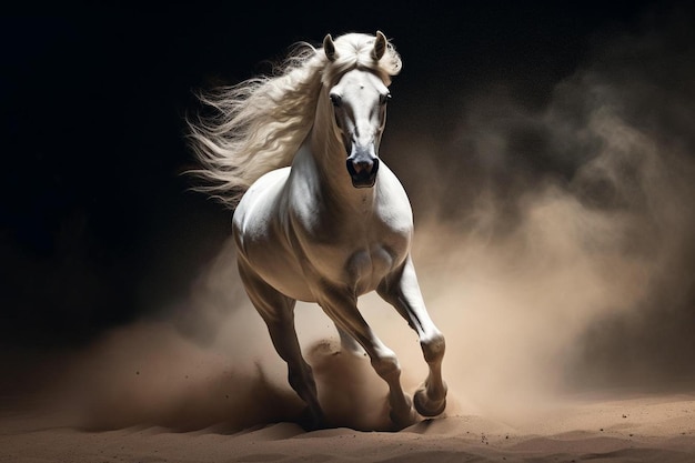 a white horse with a white mane running in the sand