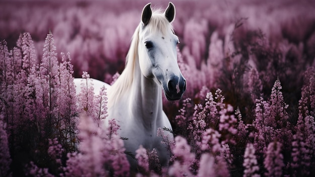 Foto un cavallo bianco con una criniera bianca si trova in un campo di fiori viola