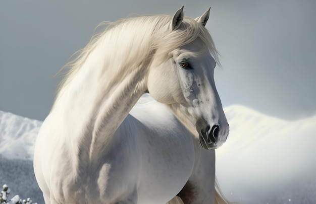 A white horse with a white mane stands in the snow.