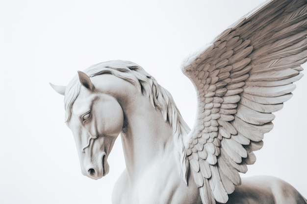 A white horse with wings and a tail is standing on a white background.