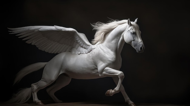 A white horse with wings that says pegasus on it.