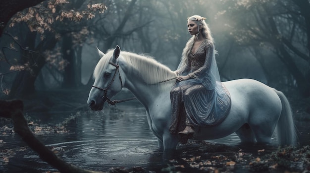 A white horse with a woman on it