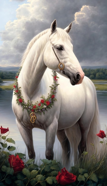 A white horse with a wreath around its neck stands on a lake shore.