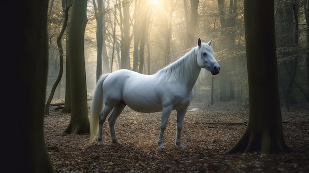 White horse in the woods with the sun shining on it