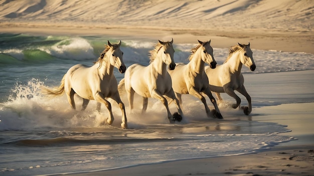  말 들 이 해변 의 물 에서 뛰어다니고 있다