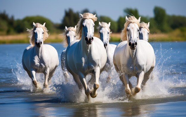 Foto cavalli bianchi che ballano sull'acqua ai generativa