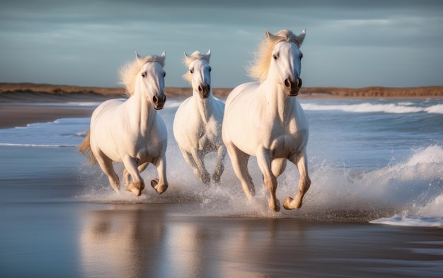 White horses galloping on the beach Generative AI