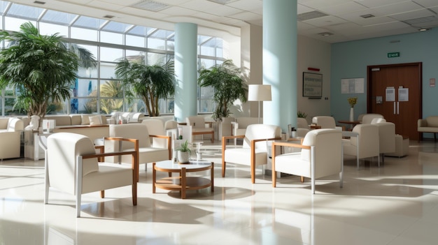 사진 의사 방문 을 기다리는 환자 들 을 위한 문 과  ⁇  의자 를 가진  ⁇ 색 병원 로비