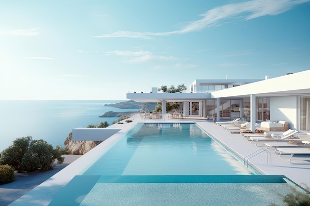 スイミング プールを備えたミニマルでモダンな地中海デザインの白いホテル リゾート Generative Ai