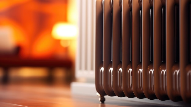 White house heater radiator on the wall of a cozy living room