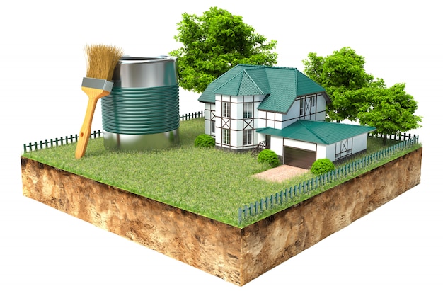 The White House and jar of paint and brush on a piece of earth with garden and trees