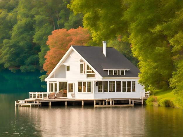 A white house on the lake with a dock and trees behind