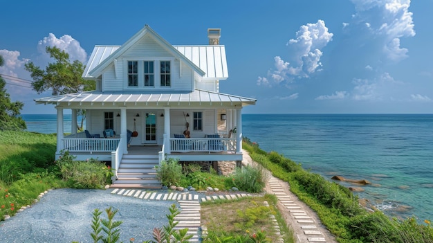 Foto casa bianca sulla collina verde lussureggiante