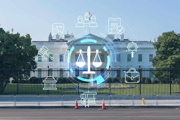 The white house on sunny day washington dc usa executive branch\
president administration glowing hologram legal icons the concept\
of law order regulations and digital justice